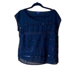 Black shear, sequined and lace embellished short sleeved shirt. AEC , size Med.